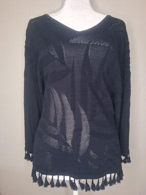 Chico's Navy Beachy Palm Print Blouse 3/4 Sleeve Pullover Top Coastal Tropical L